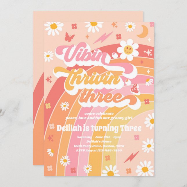 Vibin' Thrivin' And Three Groovy 3rd Birthday Invitation (Front/Back)