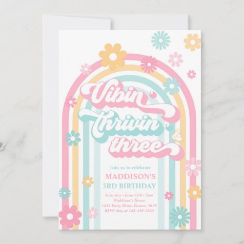 Vibin Thrivin Three Boho Daisy Rainbow Birthday Invitation