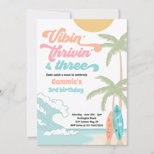 Vibin' Thrivin' & Three Retro Surf Beach Birthday Invitation (Front)