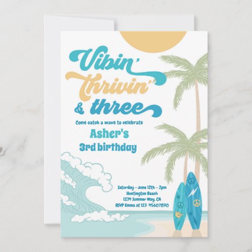 Vibin Thrivin  Three Retro Surf Beach Birthday Invitation
