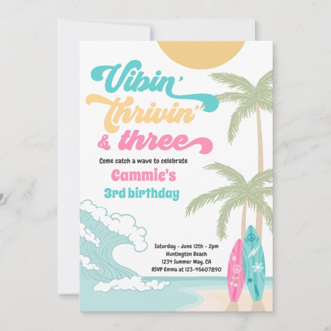 Vibin' Thrivin' & Three Retro Surf Beach Birthday Invitation (Front)
