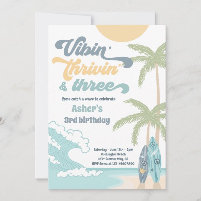 Vibin' Thrivin' & Three Retro Surf Beach Birthday Invitation (Front)