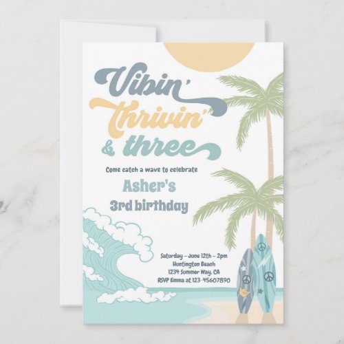 Vibin Thrivin  Three Retro Surf Beach Birthday Invitation