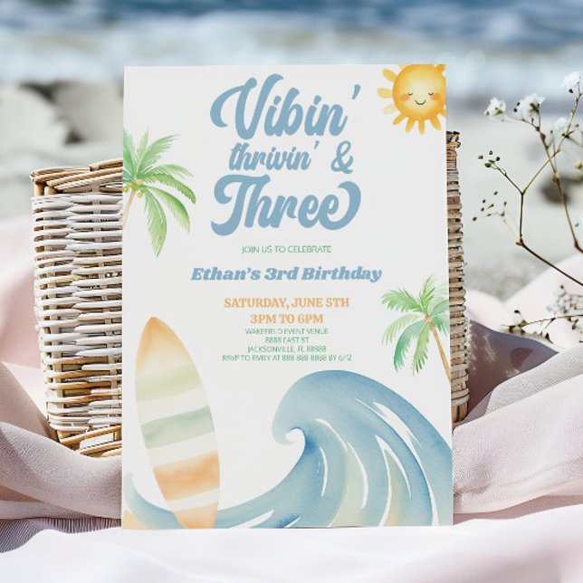 Vibin Thrivin & Three Surf Blue 3rd Birthday Party Invitation (Creator Uploaded)