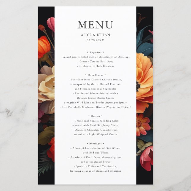 Vibran Bloom Dark Wedding Menu (Front)