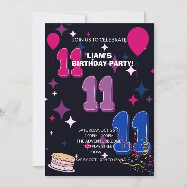 Vibrant 11th Birthday | Pink Blue Confetti Invitation (Front)