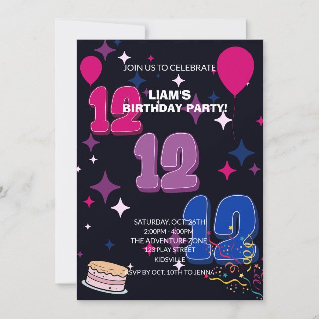 Vibrant 12th Birthday | Pink Blue Confetti Invitation (Front)