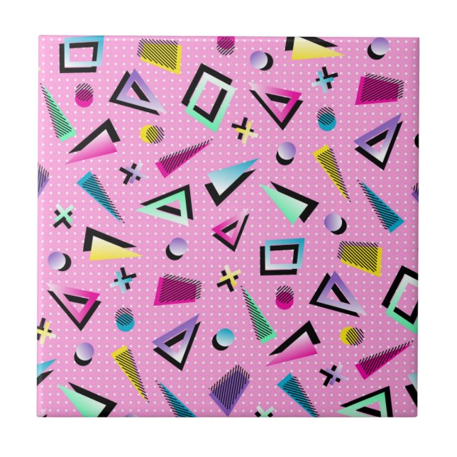 Vibrant 1980's pink and colorful retro ceramic tile (Front)