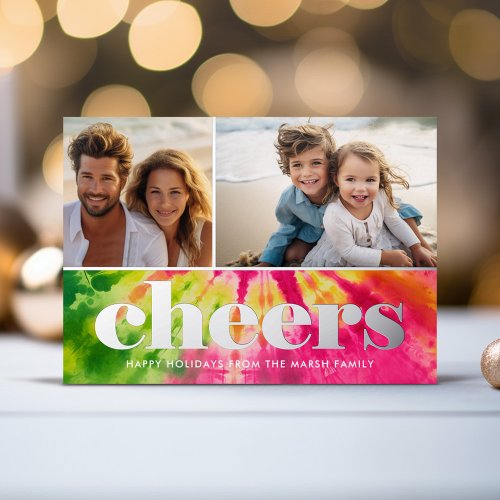 Vibrant 2 Photo Retro Tie_Dye Christmas _ CHEERS Foil Holiday Card