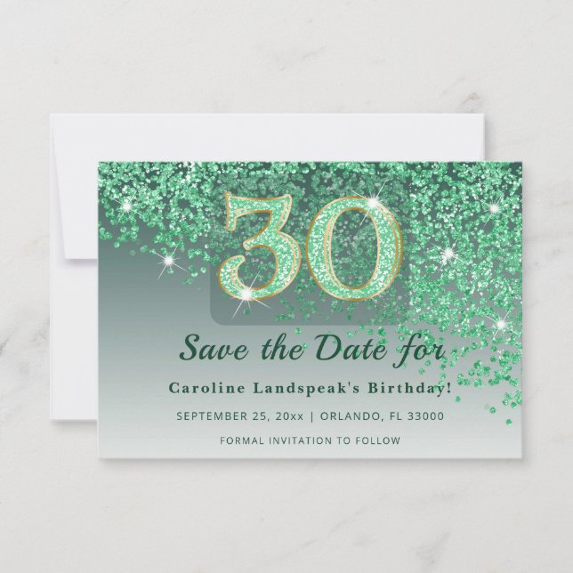 Vibrant 30 Birthday Emerald Green Glitter Frosted Save The Date (Front)