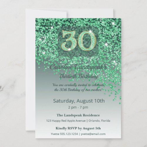 Vibrant 30th Birthday Emerald Green Glitter  Invitation