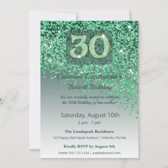 Vibrant 30th Birthday Emerald Green Glitter  Invitation (Front)