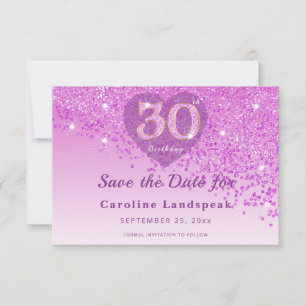 Vibrant 30th Birthday Pink Glitter Frosted Heart Save The Date