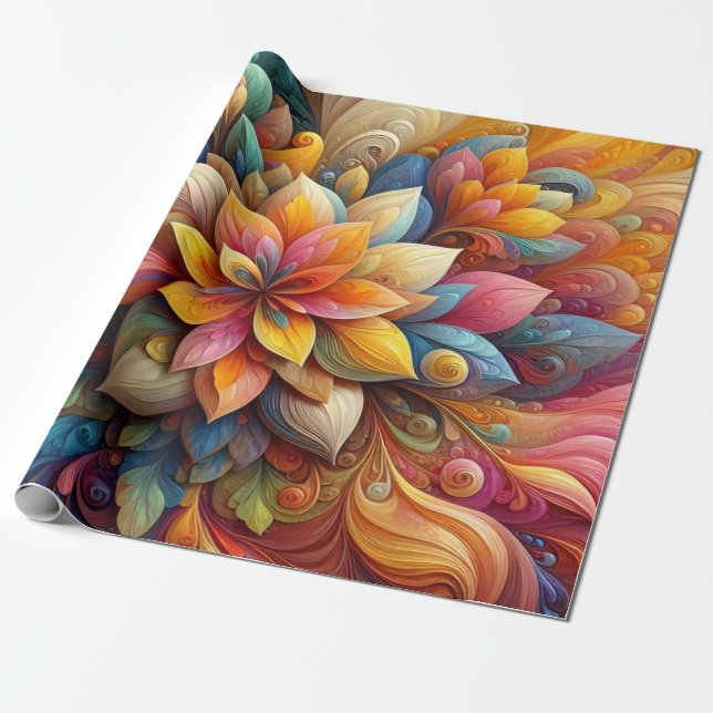 Vibrant 3D Abstract Floral Oil Texture Art Wrapping Paper (Unrolled)