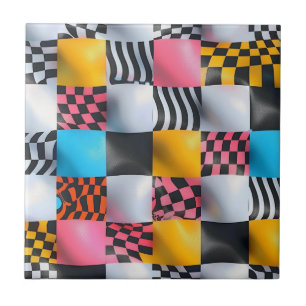 Vibrant 3D Checkerboard – Playful Retro Pop Ceramic Tile