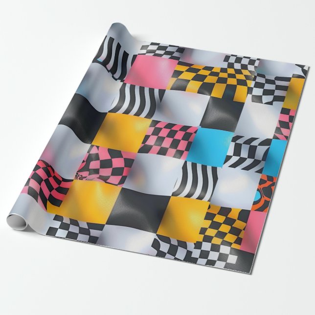 Vibrant 3D Checkerboard – Playful Retro Pop Wrapping Paper (Unrolled)