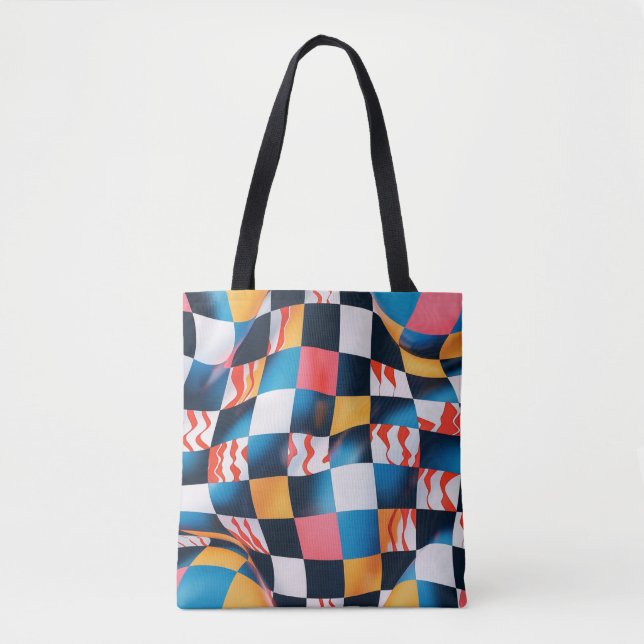 Vibrant 3D Fabric Ripple Checkerboard Pattern Tote Bag (Front)