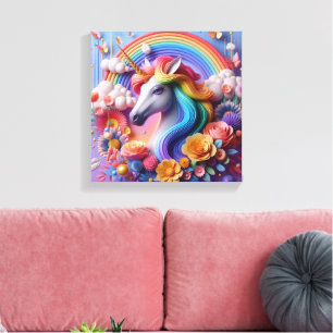 Vibrant 3D Unicorn Portrait with Floral Accents Canvas Print