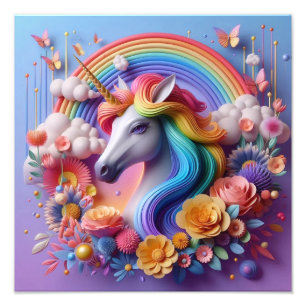 Vibrant 3D Unicorn Portrait with Floral Accents Photo Print