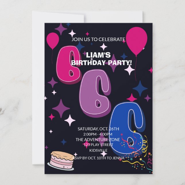 Vibrant 6th Birthday | Pink Blue Confetti Invitation (Front)