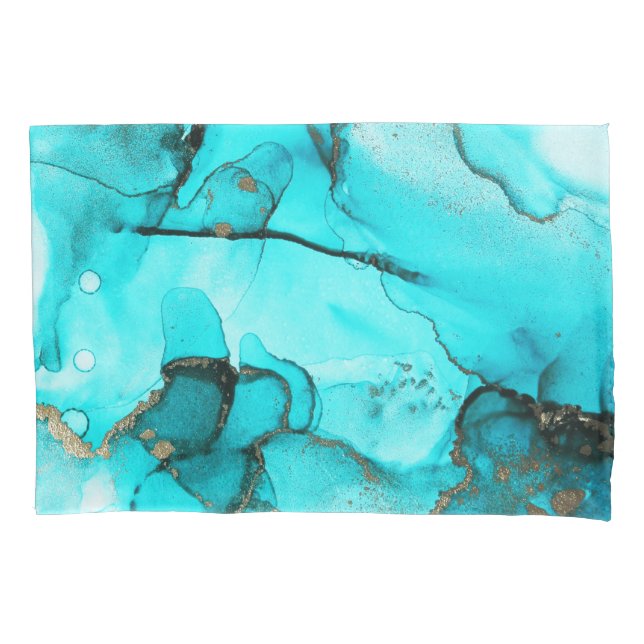 Vibrant Abstract Aegean Turquoise Gold Pillow Case (Front)