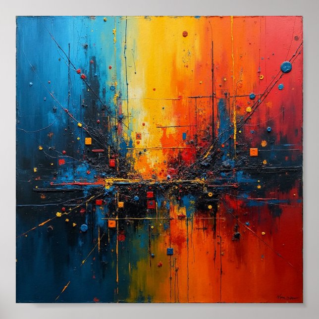 Vibrant abstract art with blue, orange, and yellow poster (Front)