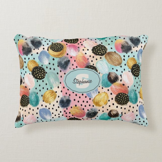 Vibrant Abstract Brushstroke & Polka Dot Pattern Accent Pillow (Front)