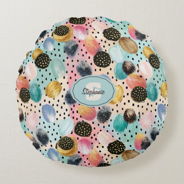 Vibrant Abstract Brushstroke & Polka Dot Pattern Round Pillow (Front)