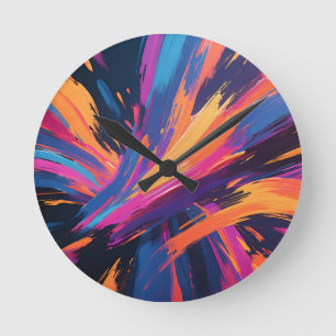 Vibrant Abstract Brushstrokes Color Explosion Round Clock