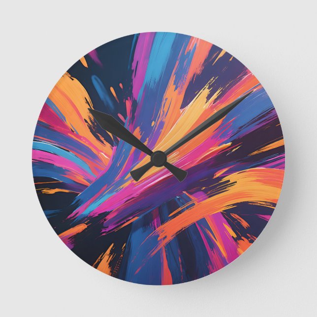 Vibrant Abstract Brushstrokes Color Explosion Round Clock (Front)