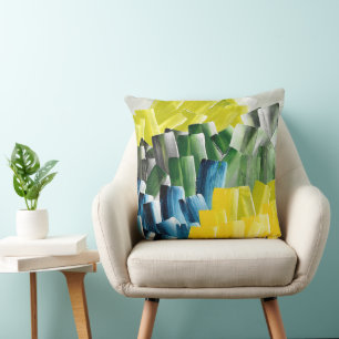 Vibrant Abstract Brushstrokes Yellow, Green & Blue Throw Pillow