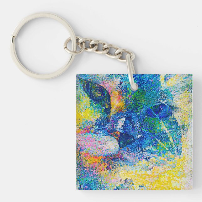 Vibrant Abstract Cat Art Print Keychain (Front)