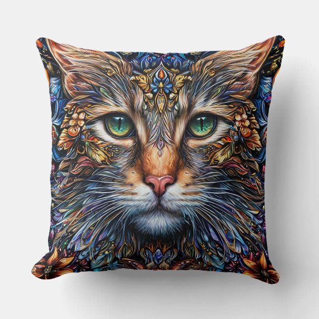 Vibrant Abstract Cat Illustration Throw Pillow (Front)