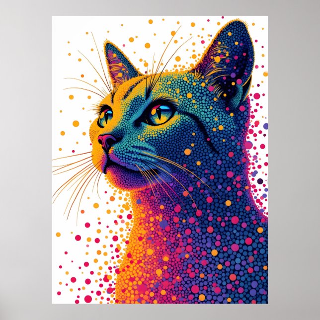 Vibrant Abstract Cat Portrait with Colorful Dotted Poster (Front)