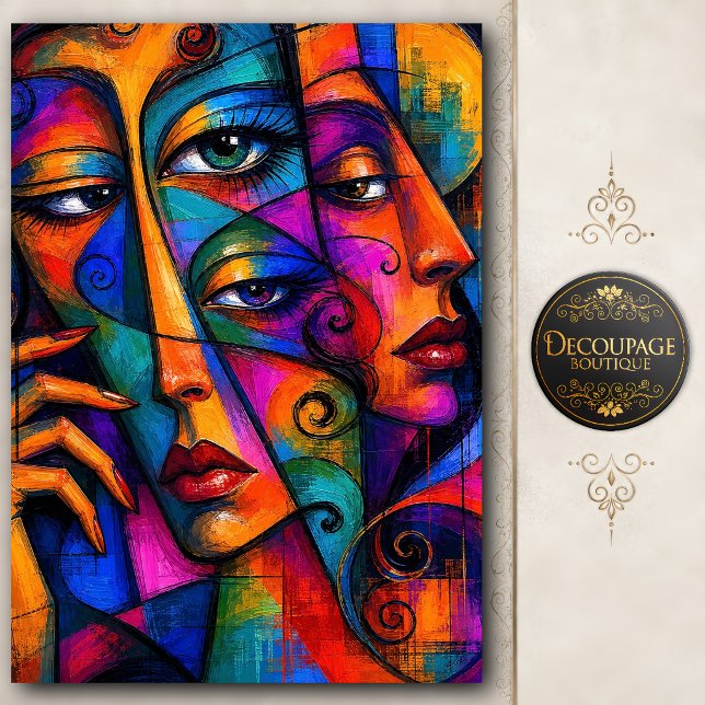 Vibrant Abstract Cubist Faces Decoupage Tissue Paper (Vibrant Abstract Cubist Faces Decoupage Tissue Paper)