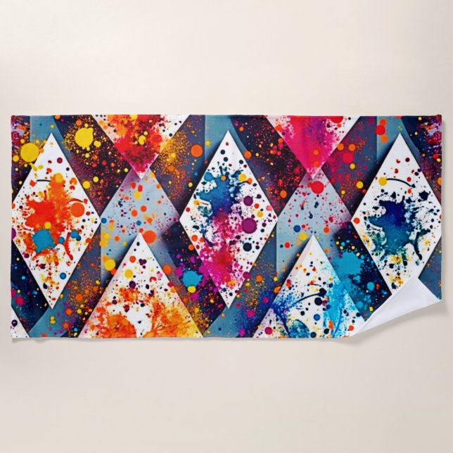 Vibrant Abstract Diamond Patterns Beach Towel (Front)