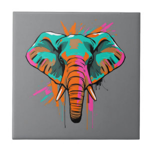 Vibrant Abstract Elephant with Bold Teal  Ceramic Tile