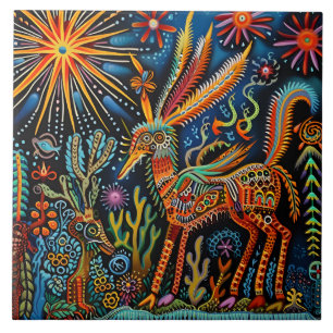 Vibrant Abstract Ethnic Huichol Tribal Pattern Ceramic Tile