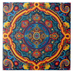 Vibrant Abstract Ethnic Huichol Tribal Pattern Ceramic Tile
