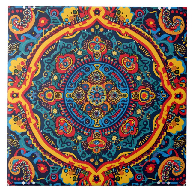 Vibrant Abstract Ethnic Huichol Tribal Pattern Ceramic Tile (Front)
