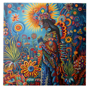 Vibrant Abstract Ethnic Huichol Tribal Pattern Ceramic Tile
