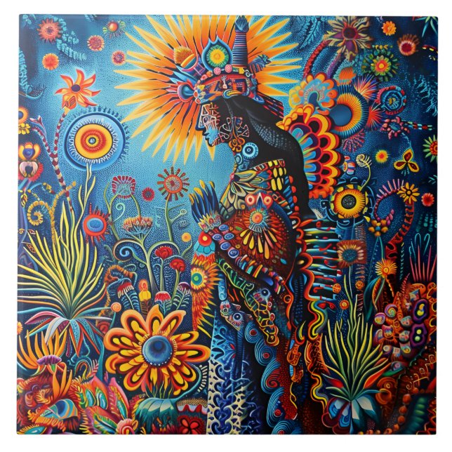 Vibrant Abstract Ethnic Huichol Tribal Pattern Ceramic Tile (Front)