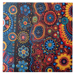 Vibrant Abstract Ethnic Huichol Tribal Pattern Ceramic Tile