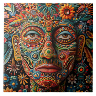 Vibrant Abstract Ethnic Huichol Tribal Pattern Ceramic Tile