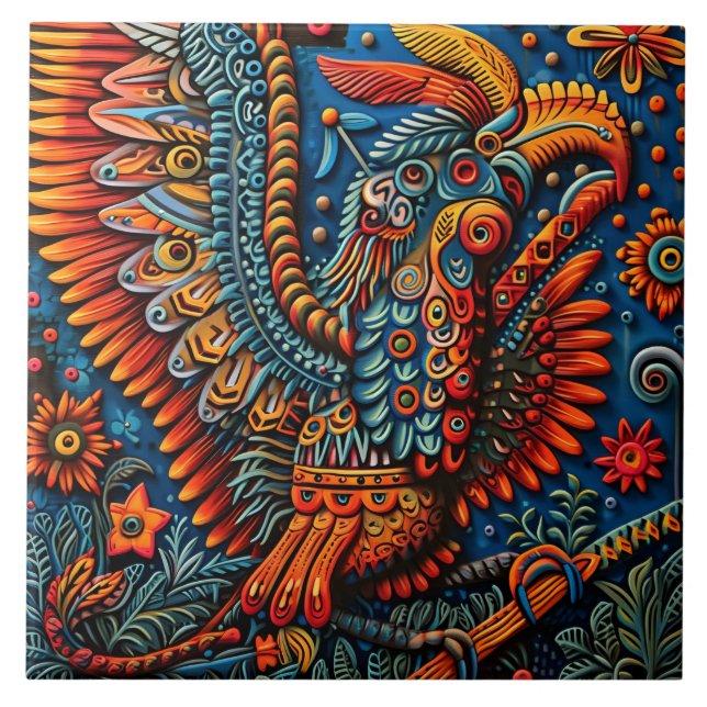 Vibrant Abstract Ethnic Huichol Tribal Pattern Ceramic Tile (Front)