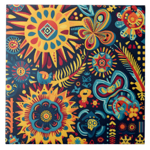 Vibrant Abstract Ethnic Huichol Tribal Pattern Ceramic Tile