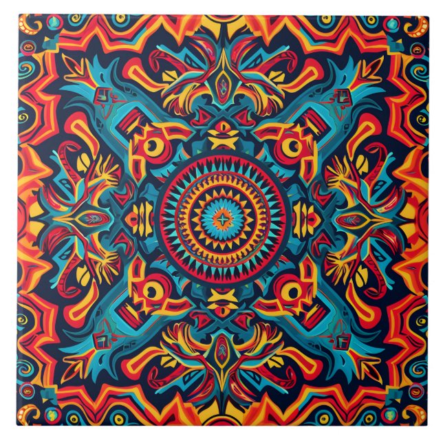 Vibrant Abstract Ethnic Huichol Tribal Pattern Ceramic Tile (Front)