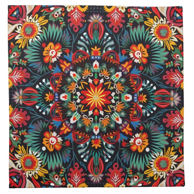 Vibrant Abstract Ethnic Huichol Tribal Pattern Cloth Napkin (Front)