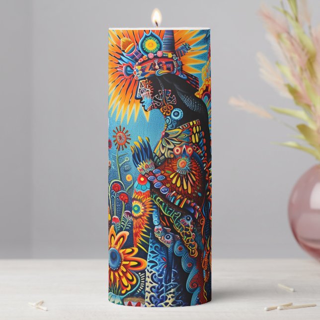 Vibrant Abstract Ethnic Huichol Tribal Pattern Pillar Candle (In Situ)