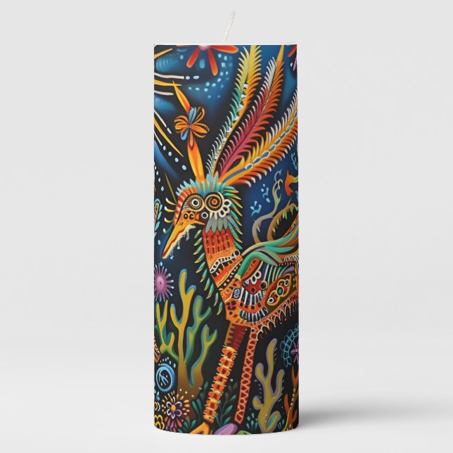 Vibrant Abstract Ethnic Huichol Tribal Pattern Pillar Candle (Front)